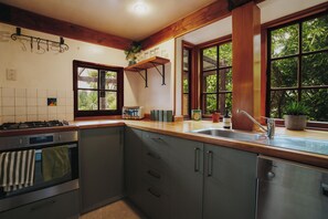 Eine Küche mit Gasherd, Backofen und Spüle. Es gibt Schränke, ein Fenster und ein Regal mit Pflanzen.