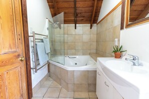 Shower, jetted tub, hair dryer, towels