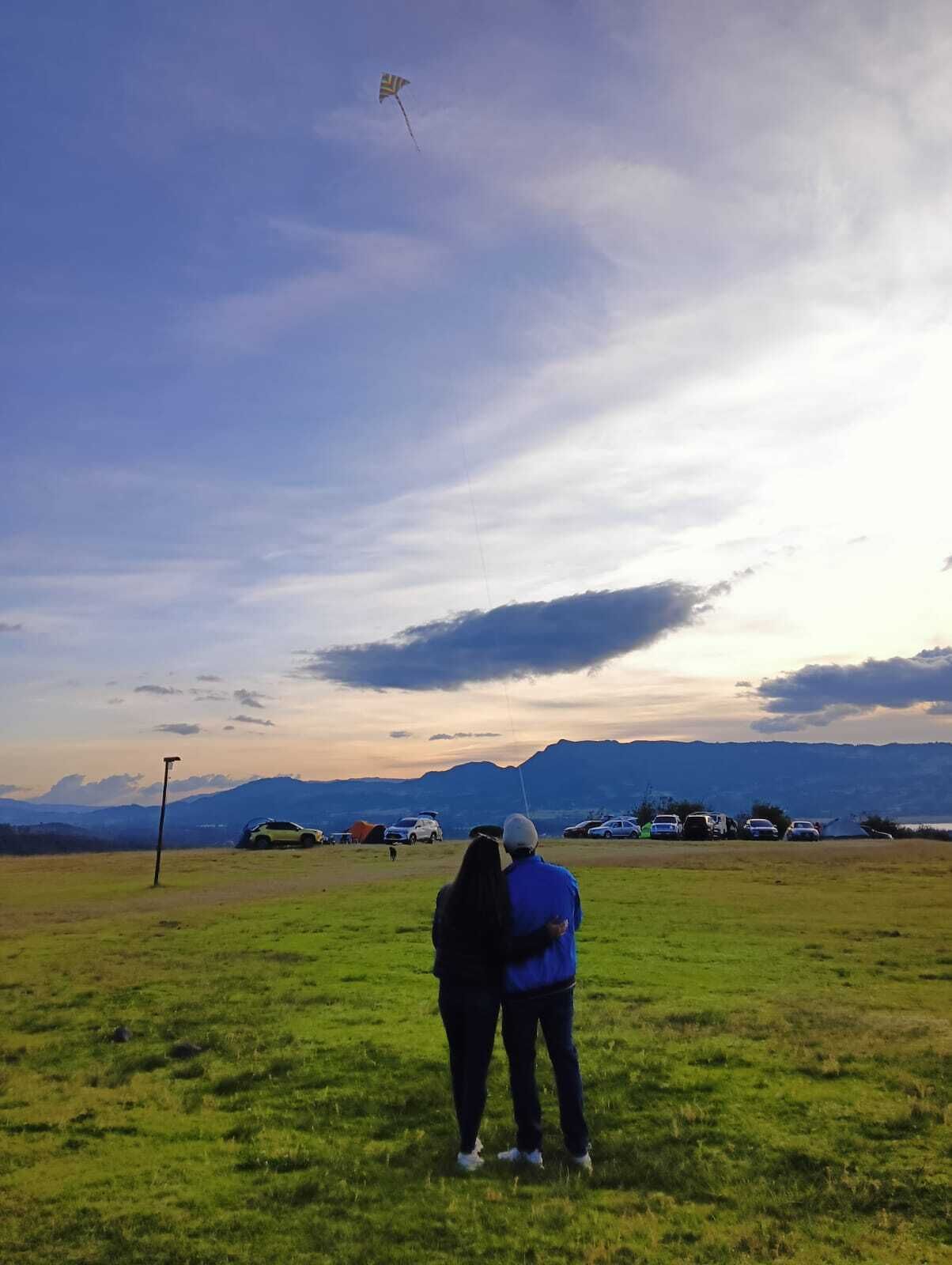 A couple flying a kite in a grassy field with mountains in the background.