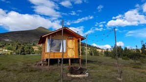 Una cabaña de madera con un porche pequeño y luces colgantes, rodeada por un campo de césped y una montaña al fondo.