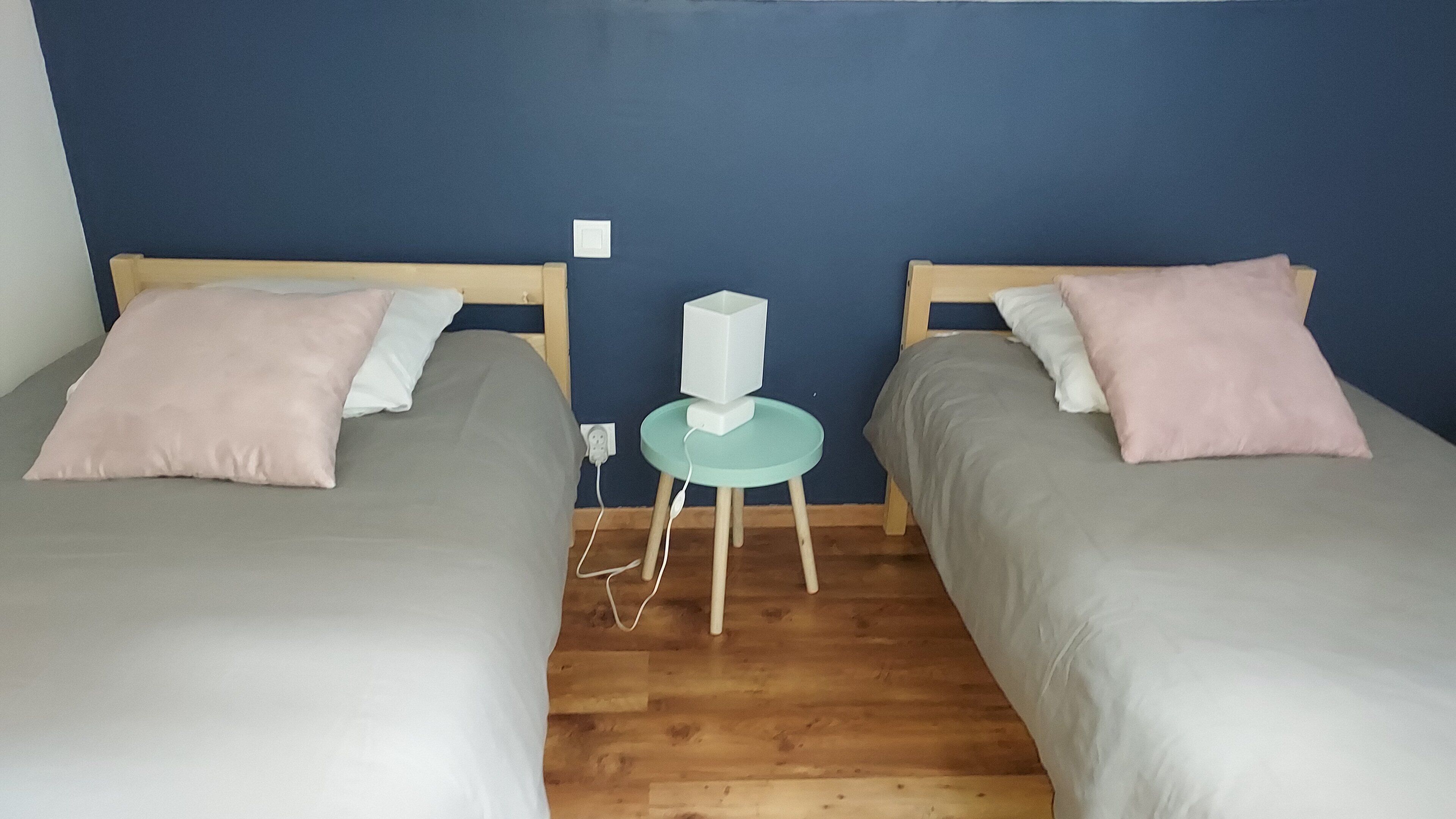 Zwei Einzelbetten mit grauer Bettwäsche und pinken Kissen, ein kleiner Tisch mit einem weißen Lautsprecher und eine blaue Wand.