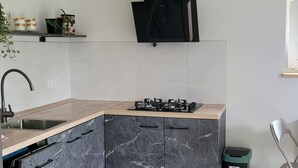 A modern kitchen with a black stove, a sink, and a black range hood. - Tauralaukis forest & terrace, free parking (Klaipėda)