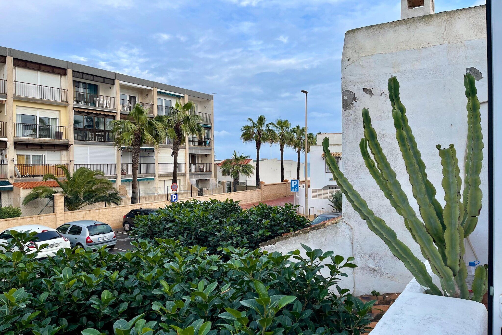 A multi-story building with balconies, a parking area, and a cactus plant.
