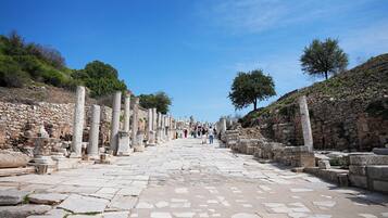 Un ancien sentier pavé de pierres, bordé de colonnes et de ruines, qui mène vers un groupe de personnes se trouvant au loin.