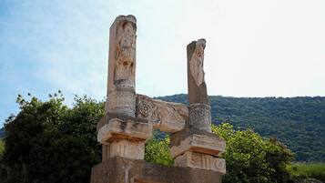 Antiche rovine in pietra con elaborate incisioni, immerse nel verde lussureggiante e colline.