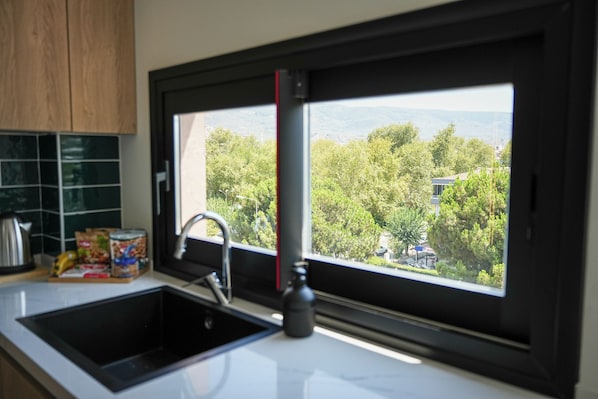 Apartamento superior, balcón, vistas a la ciudad | Cocina privada | Frigorífico, horno, placa de cocina y utensilios de cocina