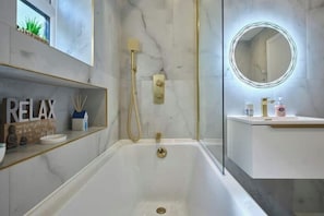 Shower, hair dryer, soap