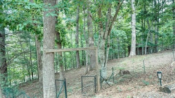 Ein bewaldetes Gebiet mit einer hölzernen Struktur, möglicherweise einer Schutzhütte, umgeben von Bäumen und einem eingezäunten Bereich.