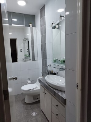 Hair dryer, bidet, towels, soap