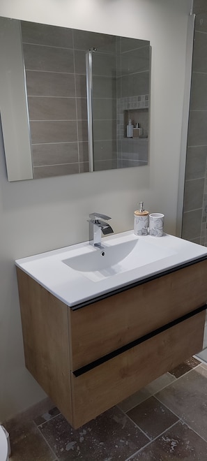 Hair dryer, towels, soap, toilet paper