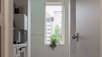 Fridge, microwave, cookware/dishes/utensils