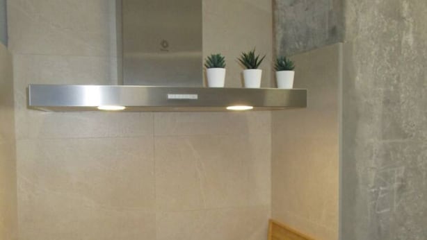 Una cocina moderna con una campana de acero inoxidable, tres plantas en macetas sobre una estantería y una pared con textura.