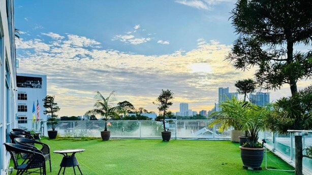 Une terrasse sur le toit, agrémentée de gazon synthétique, de plantes en pot et de mobilier d’extérieur.