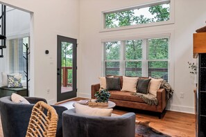 Smart TV, fireplace, books