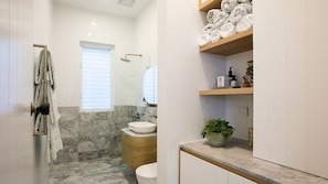 Shower, hair dryer, towels