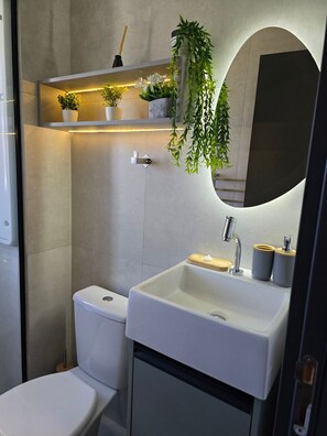 Un baño moderno con inodoro, lavamanos y espejo. Hay plantas en un estante sobre el lavamanos y una planta colgante a la derecha.
