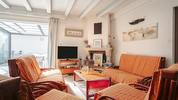 Een televisie en een open haard