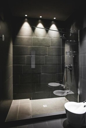 Separate tub and shower, hair dryer, slippers, towels