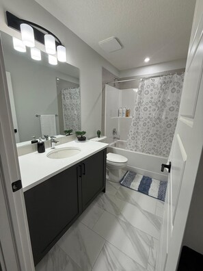 Hair dryer, towels, soap, toilet paper