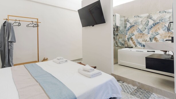 Una habitación de hotel moderna con una cama, un televisor montado en la pared, una zona de ducha con un espejo grande y un perchero.