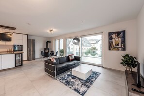 Smart TV, fireplace, books