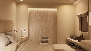 A bedroom with a bed, bedside table, lamp, and a shelf with shoes and bags. - F ZEEN ATHENS – Adults Only (Athens)