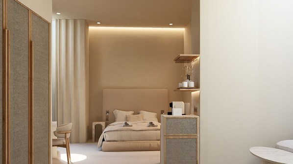 غرفة واسعة مزدوجة أو بسريرين منفصلين | خزنة داخل الغرفة ومكتب ومساحة عمل للكمبيوتر المحمول وستائر تعتيم