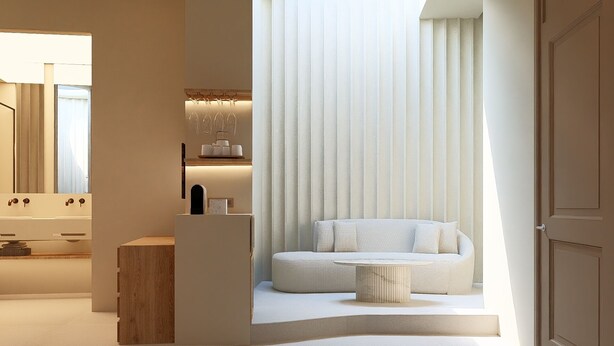A modern bathroom with a large mirror, a wooden stool, a sink, and a shelf with toiletries. - F ZEEN ATHENS – Adults Only (Athens)