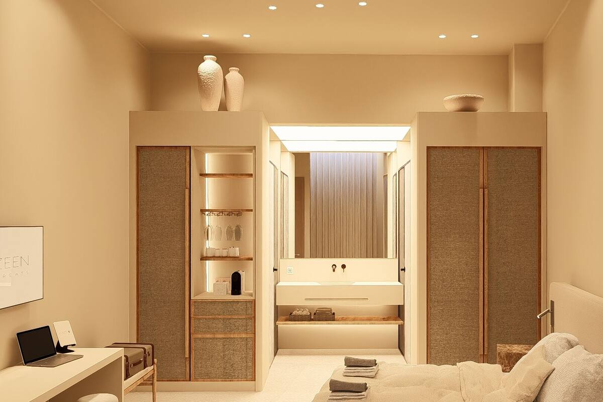 A modern, well-lit bedroom with a large bed, a desk, and a bathroom with a vanity and mirror.