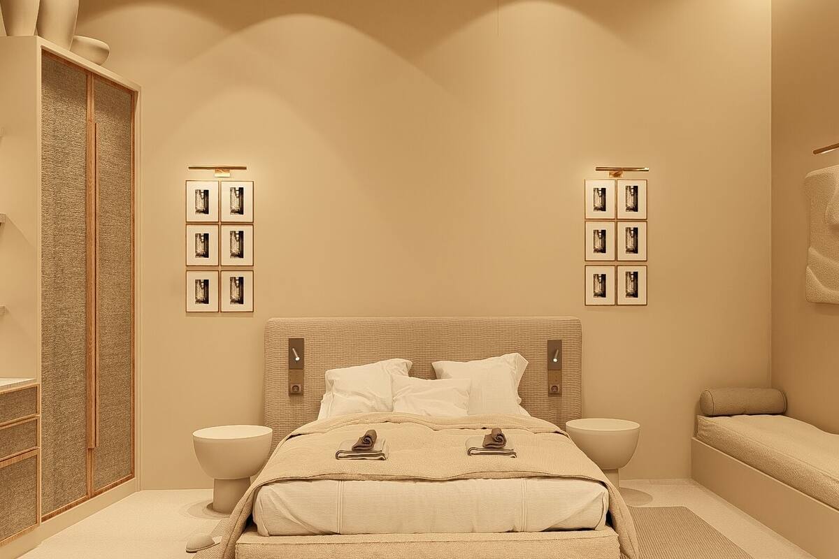 A modern hotel room with a large bed, bedside tables, a built-in bench, and wall-mounted picture frames.