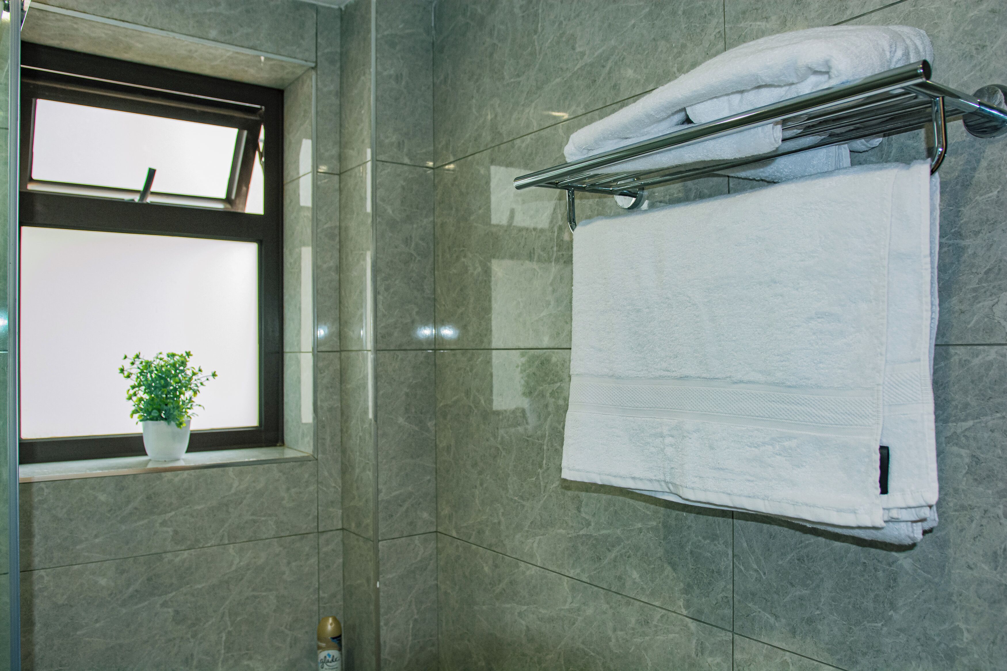 A bathroom with a large mirror, a towel rack with folded towels, a potted plant on the windowsill, and a window with a view.