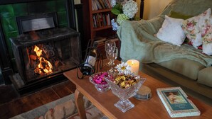 A cozy living room with a fireplace, a sofa, a coffee table with decorative items, and a bookshelf filled with books.