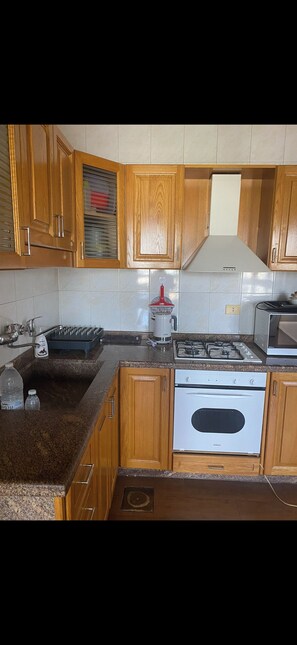 Een microgolfoven, een oven, een kookplaat