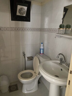 Bidet, serviettes fournies, savon, papier toilette