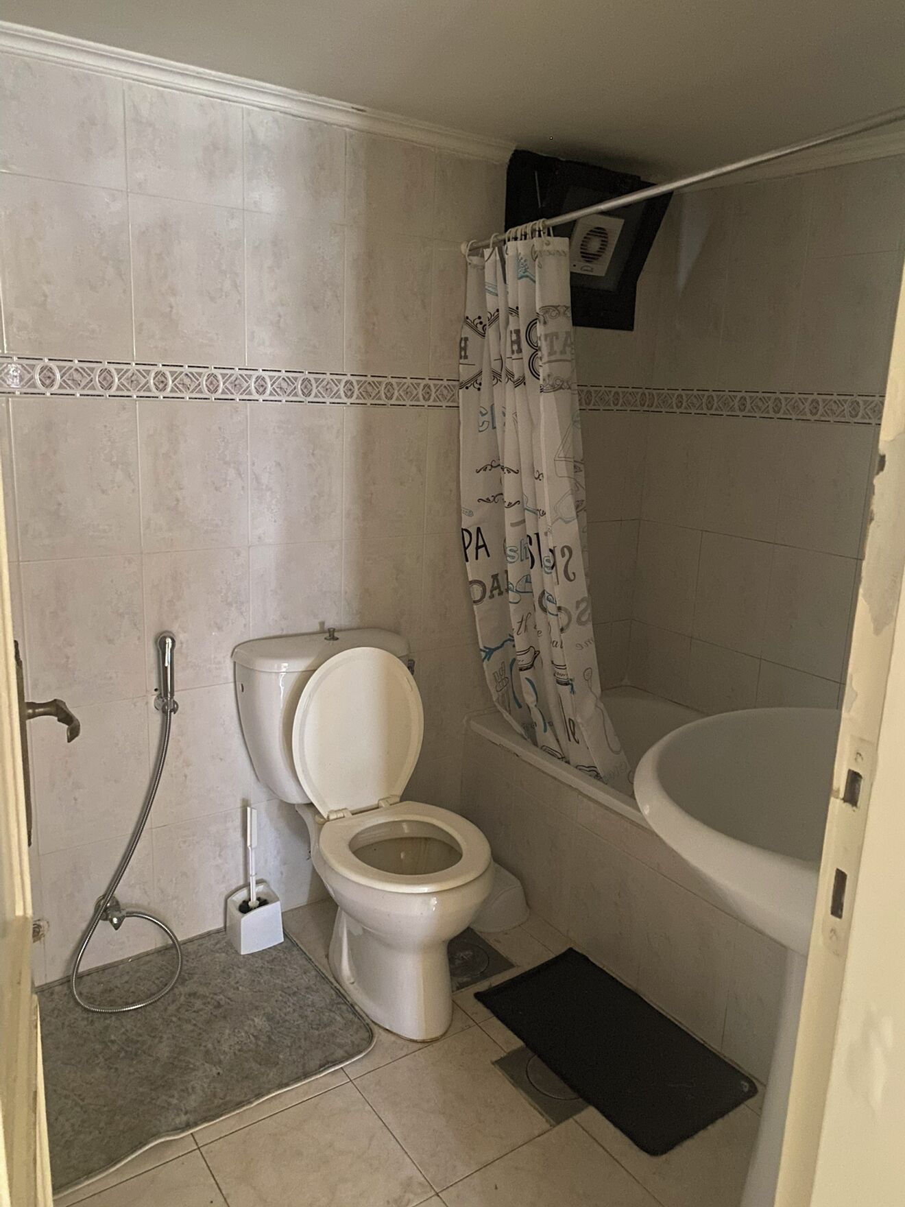 Bidet, towels, soap, toilet paper