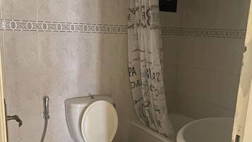 Bidet, towels, soap, toilet paper