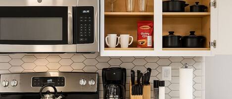 Fridge, microwave, oven, dishwasher