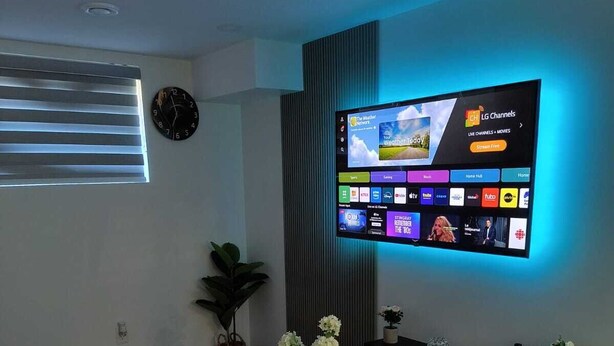 A modern living room with a flat-screen TV mounted on the wall, a glass coffee table, a grey sofa, and a decorative plant.