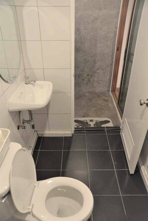 Standaard tweepersoonskamer | Badkamer | Een douche, gratis toiletartikelen, een haardroger, handdoeken