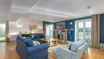 Smart TV, fireplace, books