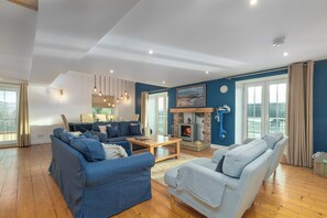 Smart TV, fireplace, books