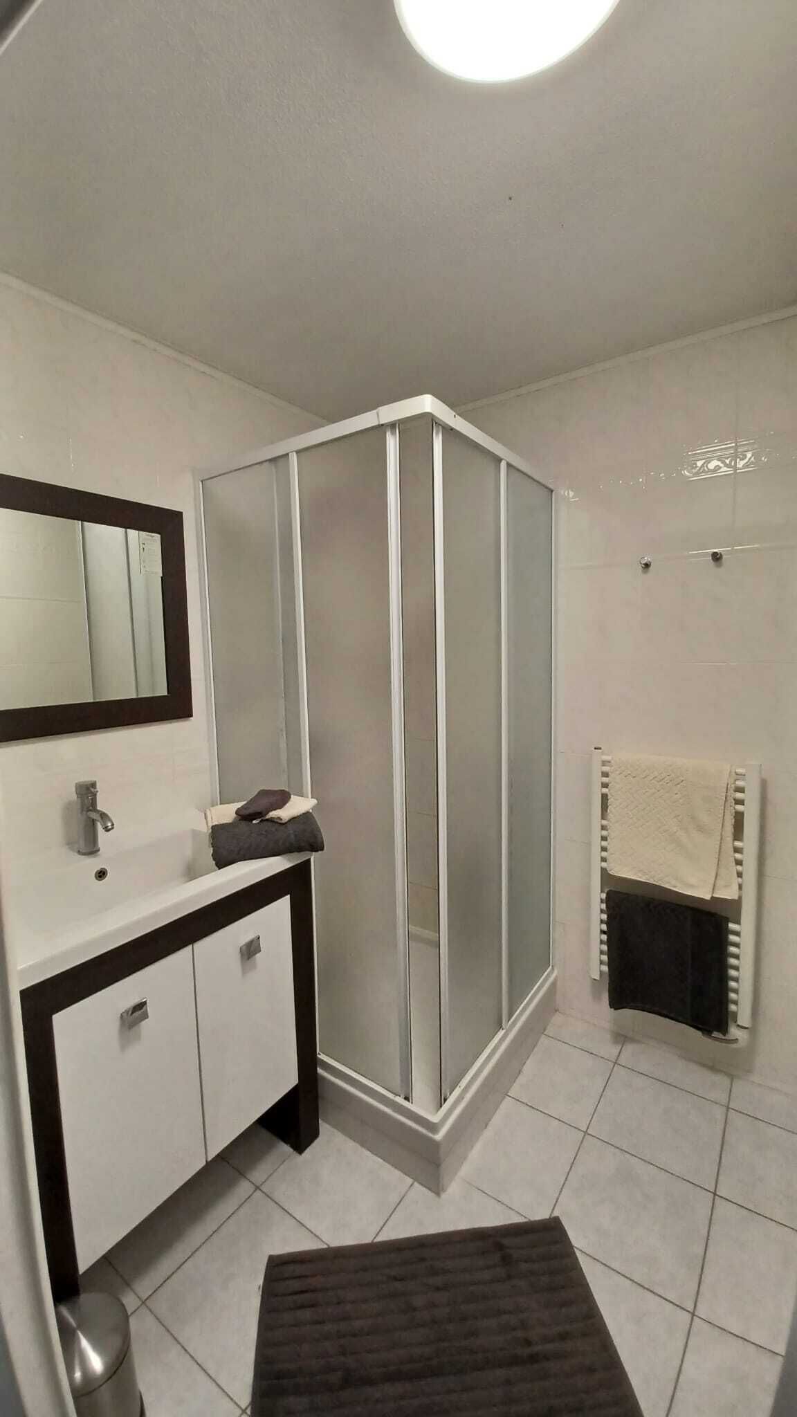 Ein Badezimmer mit weißem Waschtisch, einer Duschkabine aus Glas und einem Handtuchhalter.