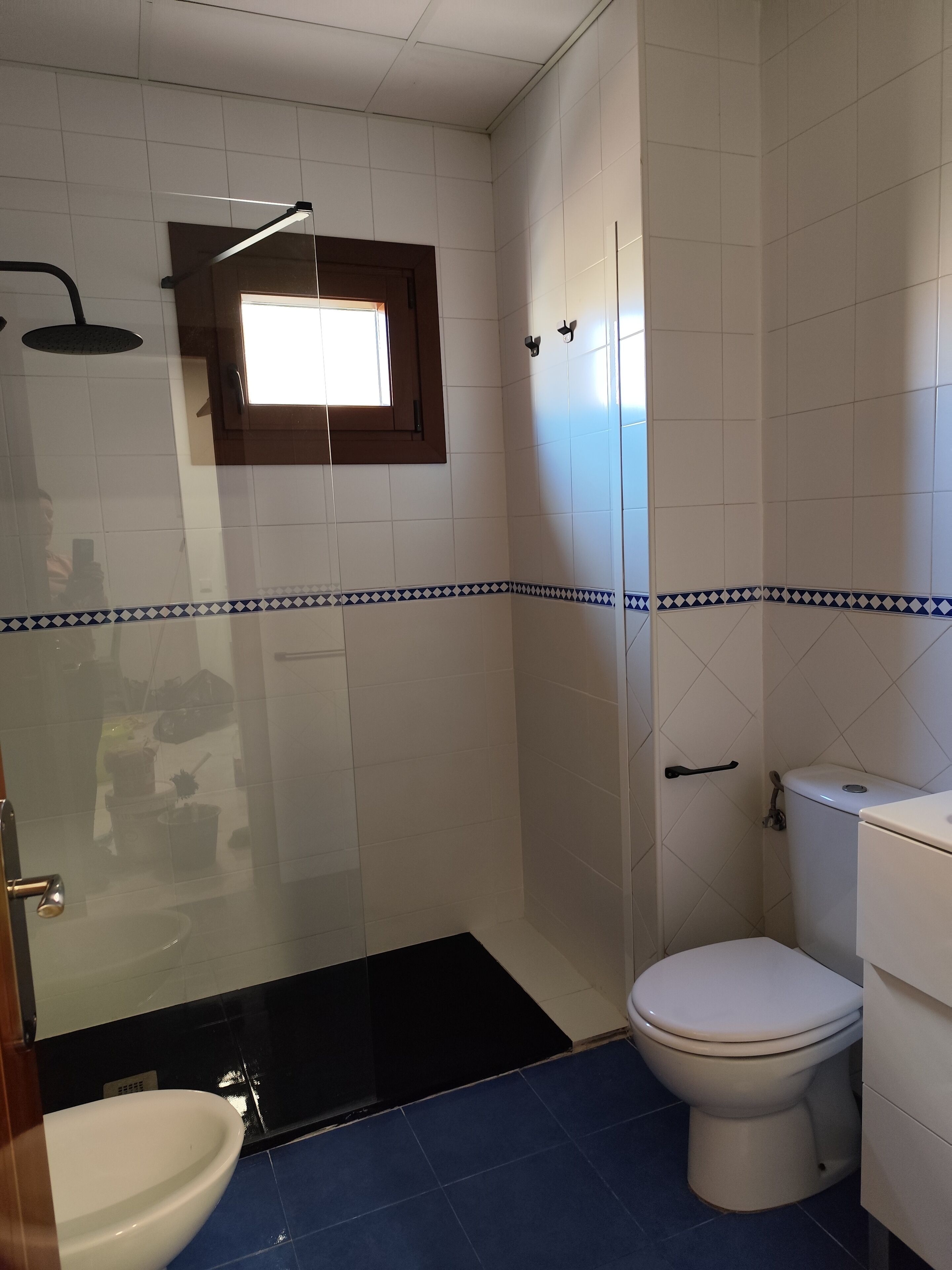 A bathroom with a glass shower enclosure, a white toilet, and a sink.