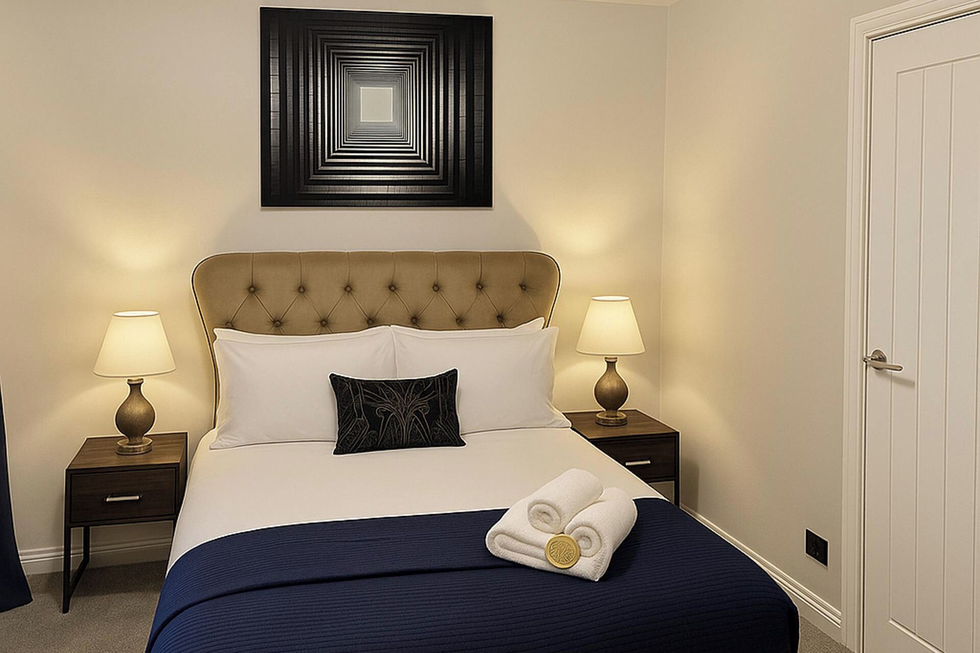 A hotel room with a tufted headboard, two bedside lamps, a decorative pillow, a neatly folded towel, and a wall art piece above the bed.