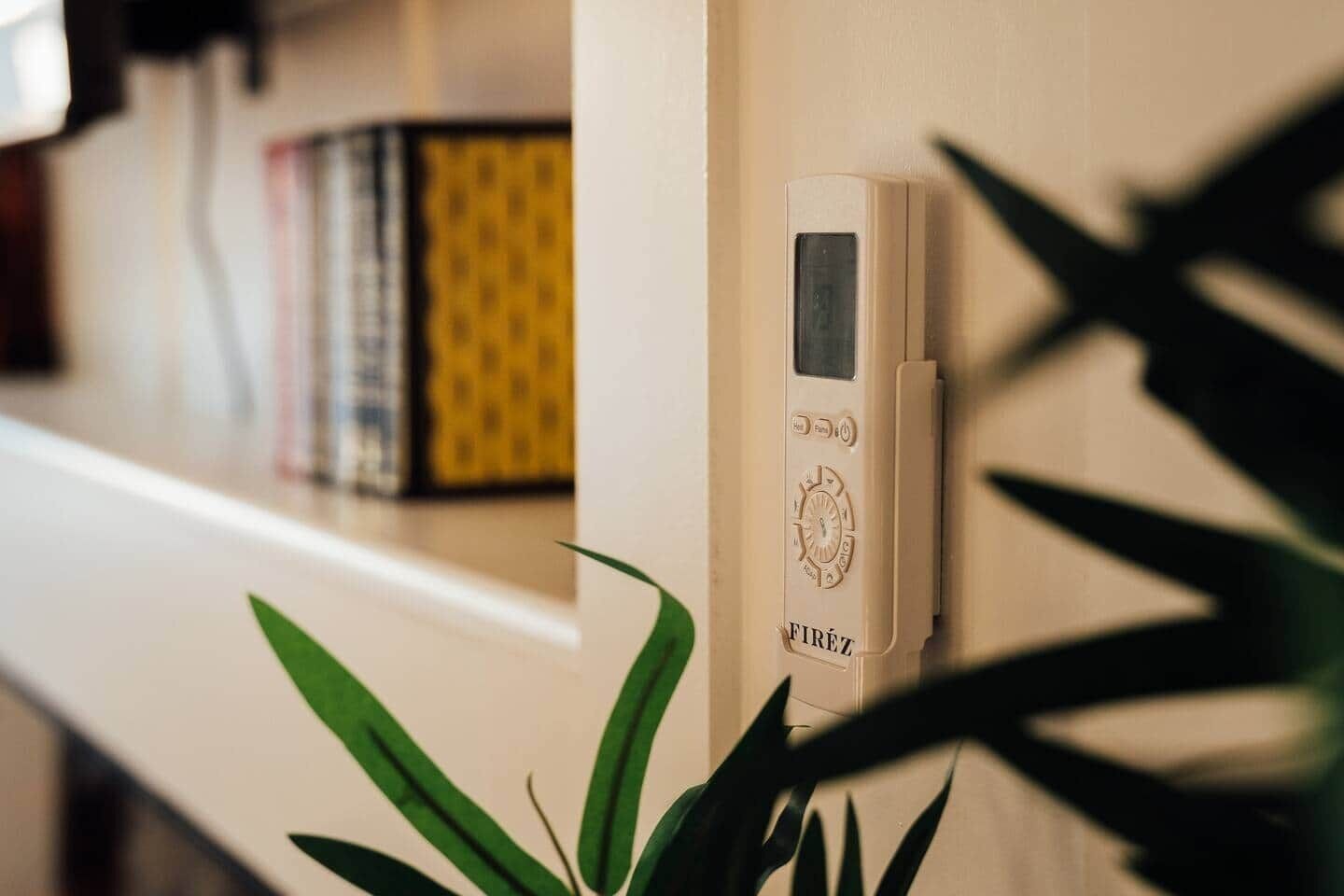 A thermostat on a wall, a bookshelf with books, and a plant.