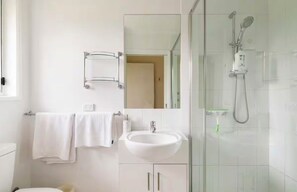 Shower, hair dryer, towels, soap
