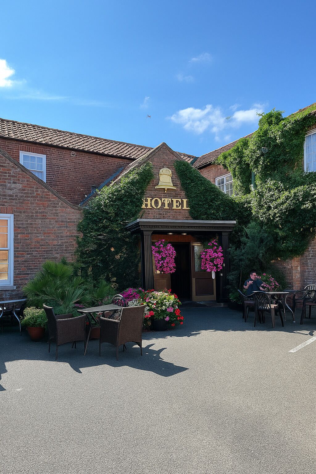 A hotel entrance with a bell sign, brick facade, and outdoor seating area with potted plants.
