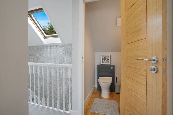 A modern bathroom with a skylight, a wooden door, and a toilet with a decorative frame.