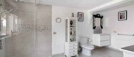 A modern bathroom with a shower, toilet, and sink.