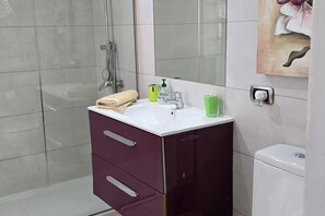 Shower, hair dryer, towels